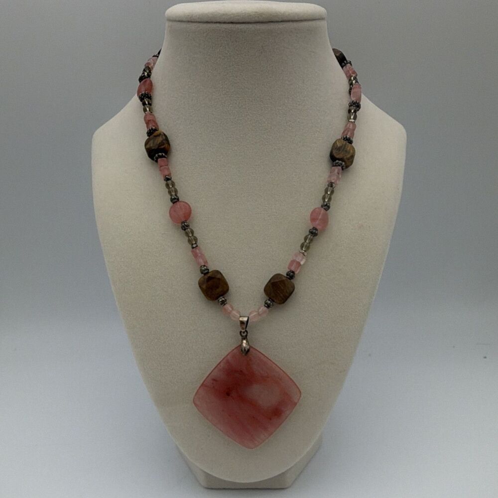 Pink & Brown Stone Beaded Necklace Square Pink Charm Pendant S Hook 20 in